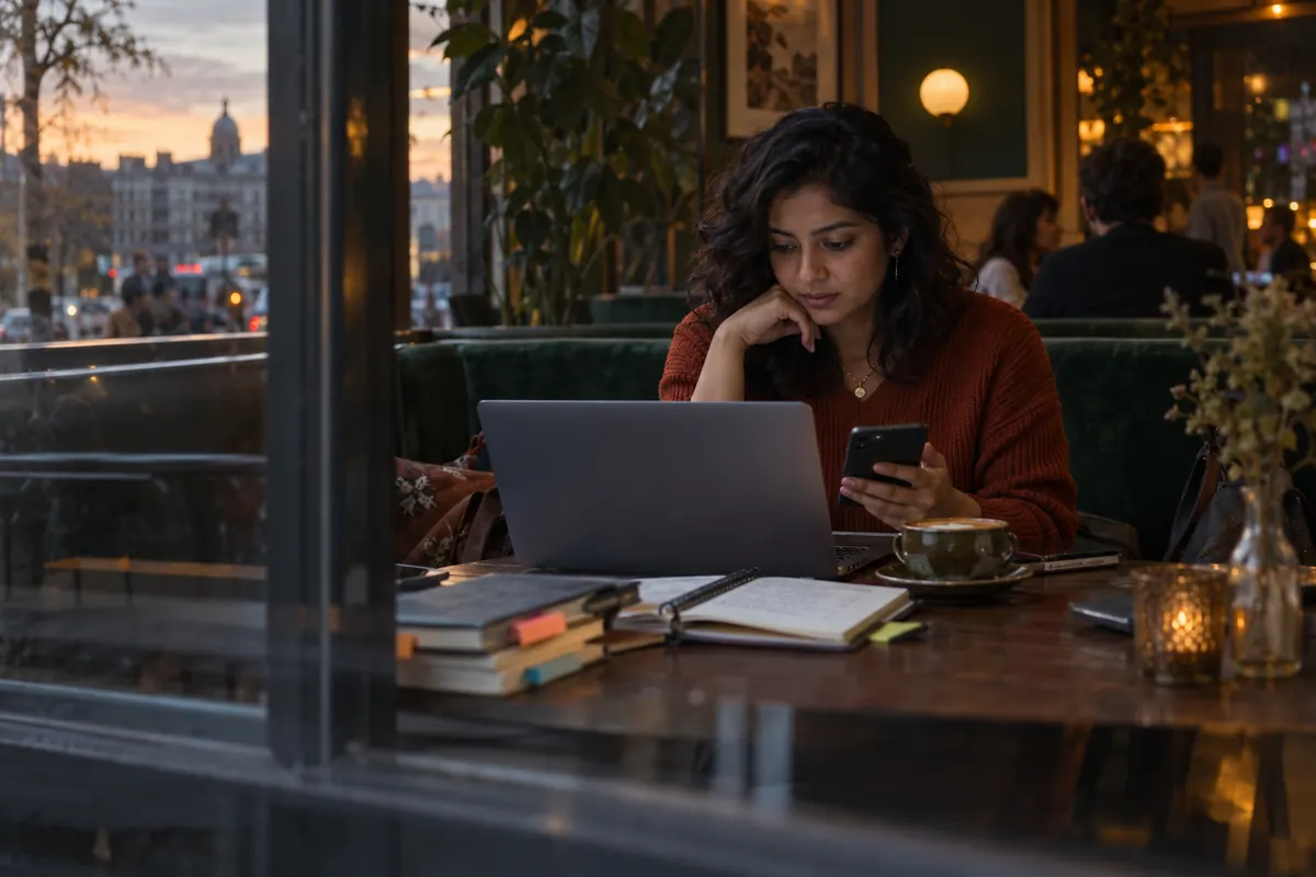 A freelancer at a café looking between her laptop and phone beside notebooks