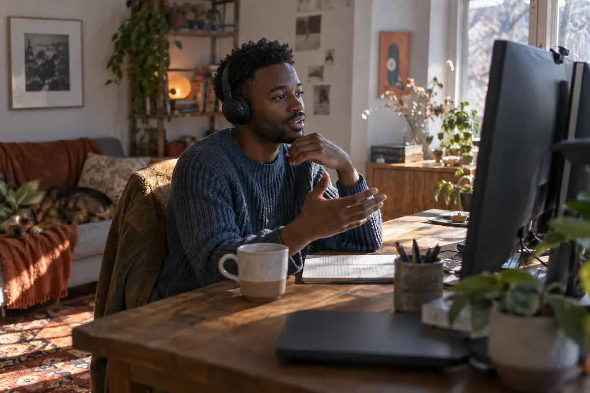 Remote worker with headphones talking on a call at his home desk