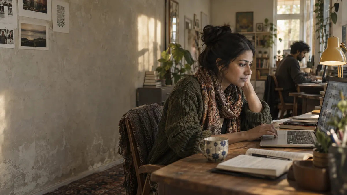 A woman at a laptop in a lived-in home office while a colleague works behind her