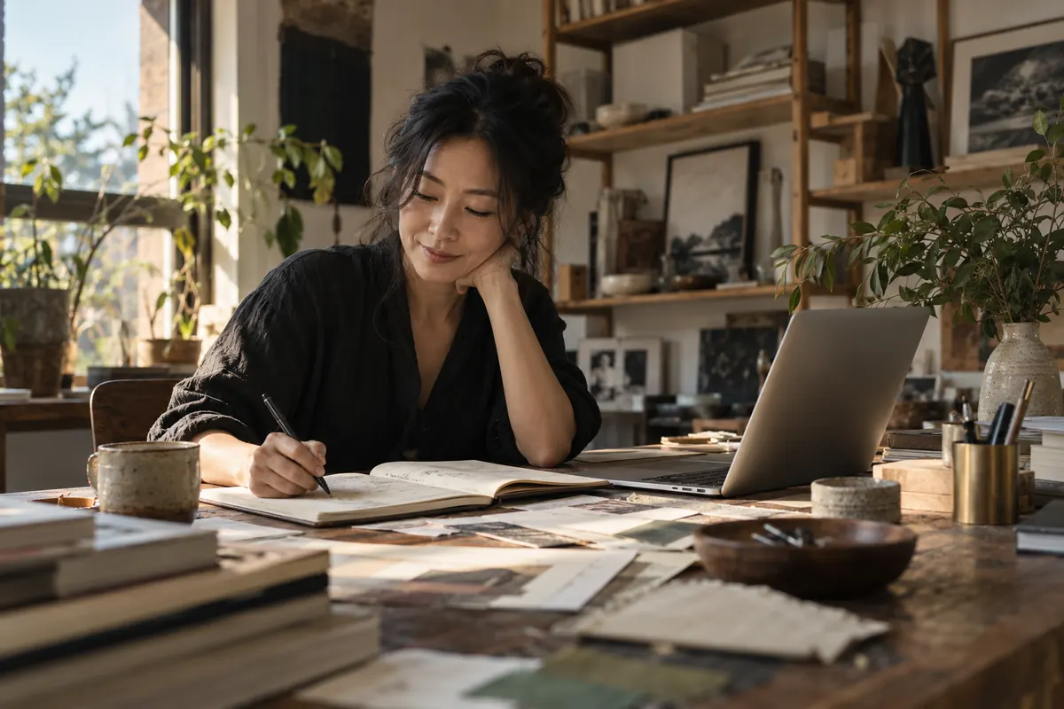 A creative professional planning in a notebook beside a laptop at home